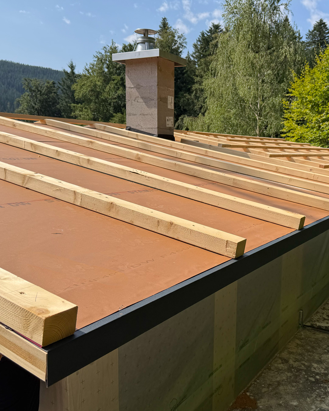 Blick auf Dach Holzbau Neubau Ferienhaus