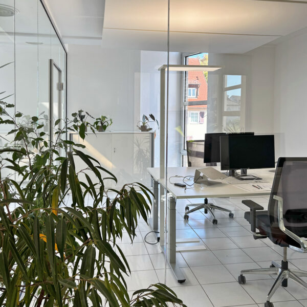 Blick in ein durch Glaswände abgetrenntes Büro